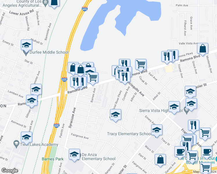 map of restaurants, bars, coffee shops, grocery stores, and more near 3708 Summer Lane in Baldwin Park