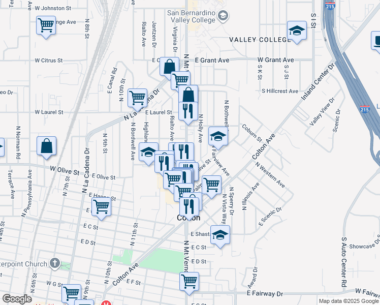 map of restaurants, bars, coffee shops, grocery stores, and more near 1250 North Mount Vernon Avenue in Colton
