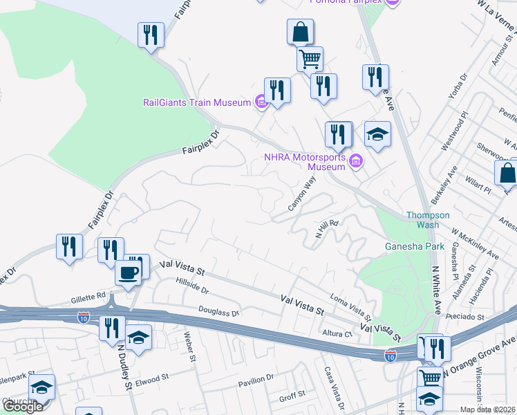 map of restaurants, bars, coffee shops, grocery stores, and more near 1236 Canyon Way in Pomona