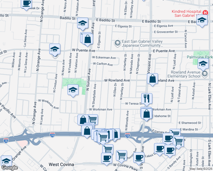 map of restaurants, bars, coffee shops, grocery stores, and more near 426 North Walnuthaven Drive in West Covina