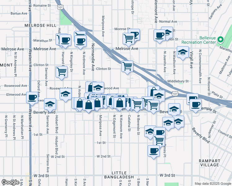 map of restaurants, bars, coffee shops, grocery stores, and more near 4205 Alexandria Place in Los Angeles