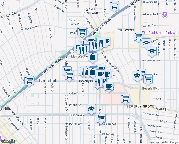 map of restaurants, bars, coffee shops, grocery stores, and more near 8852 Ashcroft Avenue in West Hollywood