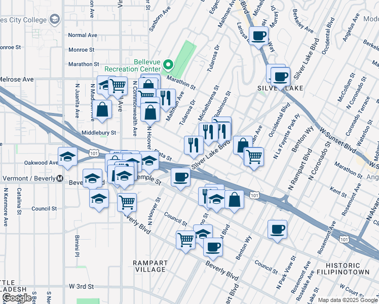 map of restaurants, bars, coffee shops, grocery stores, and more near 3317 London Street in Los Angeles
