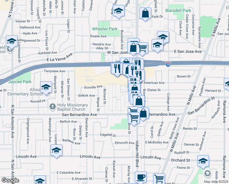 map of restaurants, bars, coffee shops, grocery stores, and more near 1836 Benedict Way in Pomona