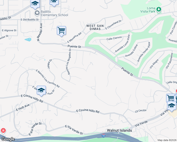map of restaurants, bars, coffee shops, grocery stores, and more near 560 Rancho Vista Drive in Covina