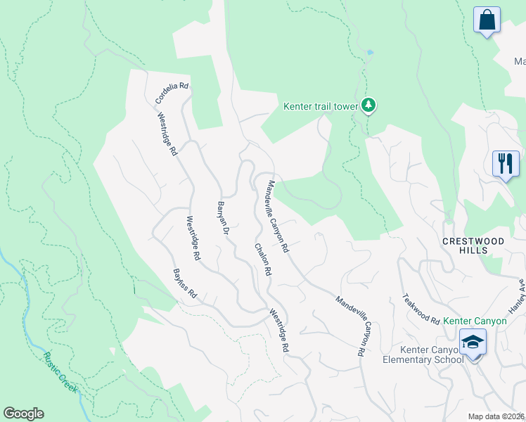 map of restaurants, bars, coffee shops, grocery stores, and more near 2332 Mandeville Canyon Road in Los Angeles