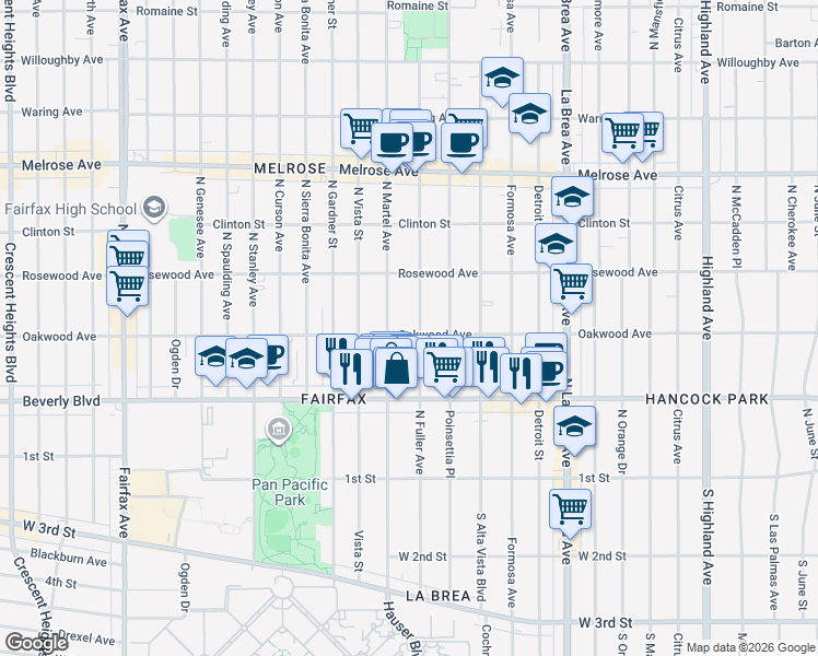map of restaurants, bars, coffee shops, grocery stores, and more near 7361 Oakwood Avenue in Los Angeles