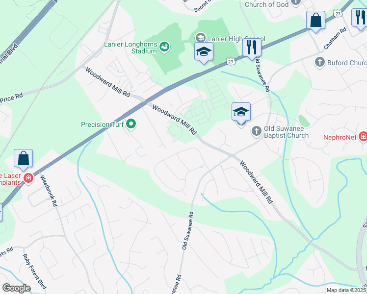 map of restaurants, bars, coffee shops, grocery stores, and more near 4241 Woodward Walk Lane in Buford