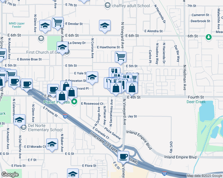 map of restaurants, bars, coffee shops, grocery stores, and more near 1812-1816 East 4th Street in Ontario