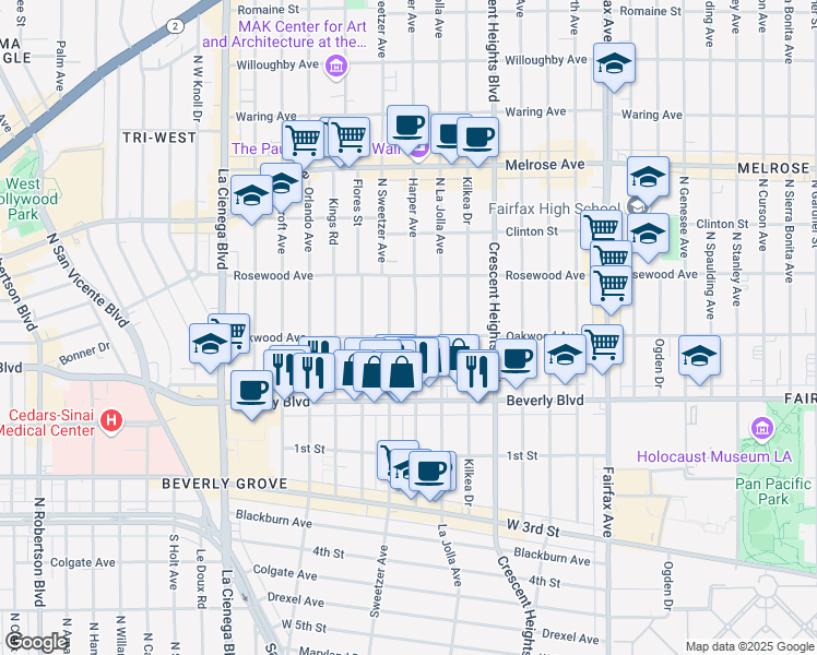 map of restaurants, bars, coffee shops, grocery stores, and more near 411 North Harper Avenue in Los Angeles