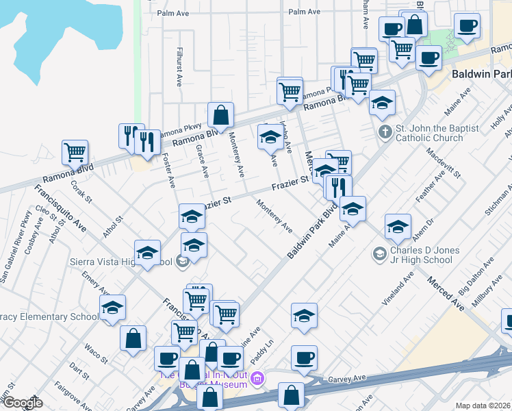map of restaurants, bars, coffee shops, grocery stores, and more near 13624 Monterey Avenue in Baldwin Park