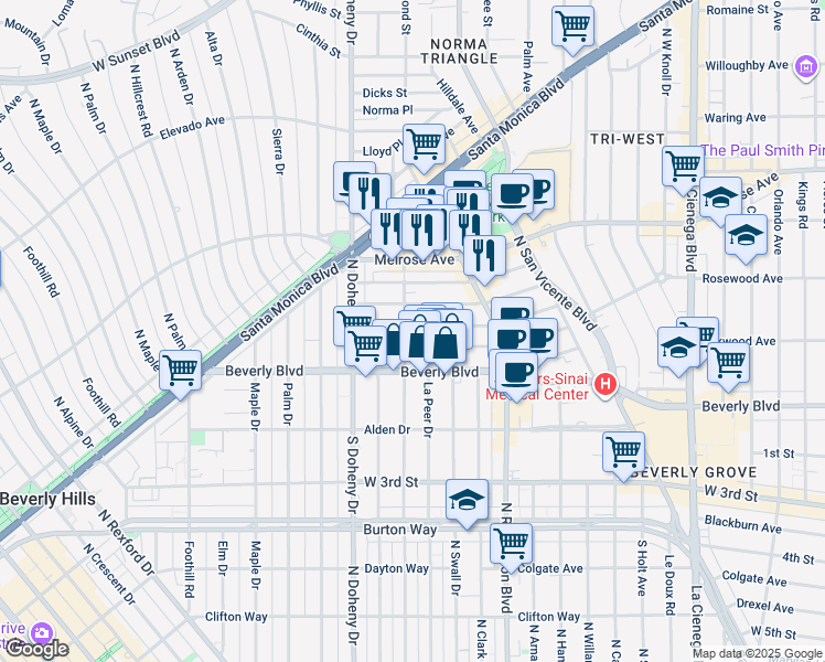 map of restaurants, bars, coffee shops, grocery stores, and more near 8940 Ashcroft Avenue in West Hollywood