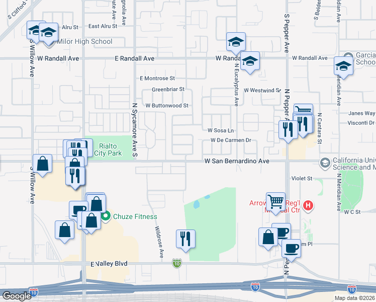 map of restaurants, bars, coffee shops, grocery stores, and more near 1993 West Sago Palm Road in Colton