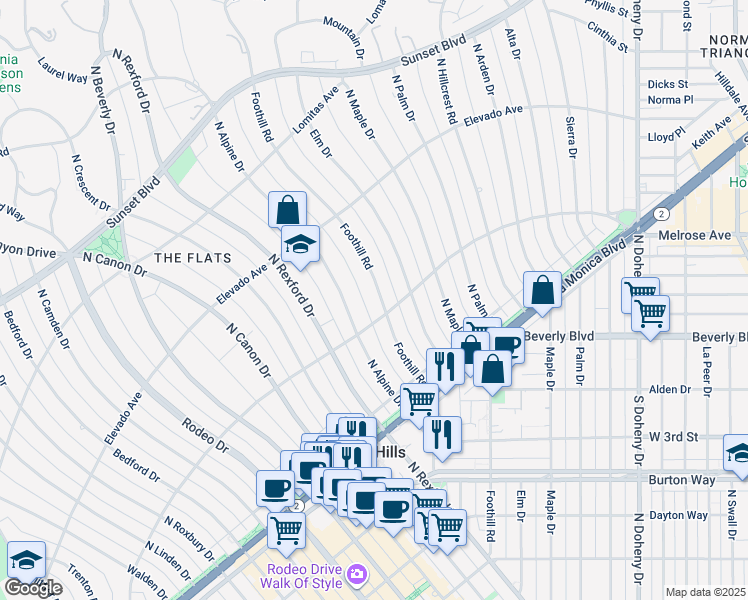 map of restaurants, bars, coffee shops, grocery stores, and more near 605 Foothill Road in Beverly Hills