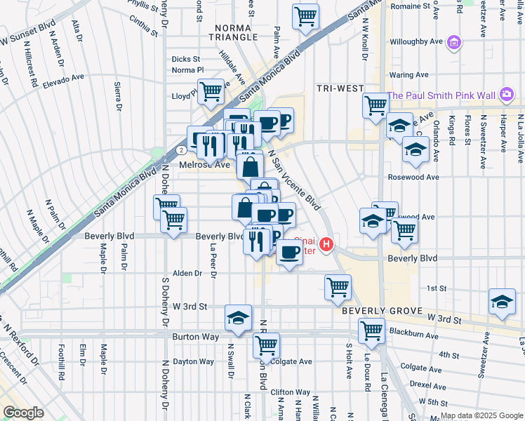 map of restaurants, bars, coffee shops, grocery stores, and more near 8808 Ashcroft Avenue in West Hollywood