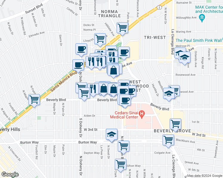 map of restaurants, bars, coffee shops, grocery stores, and more near 8832 Ashcroft Avenue in West Hollywood
