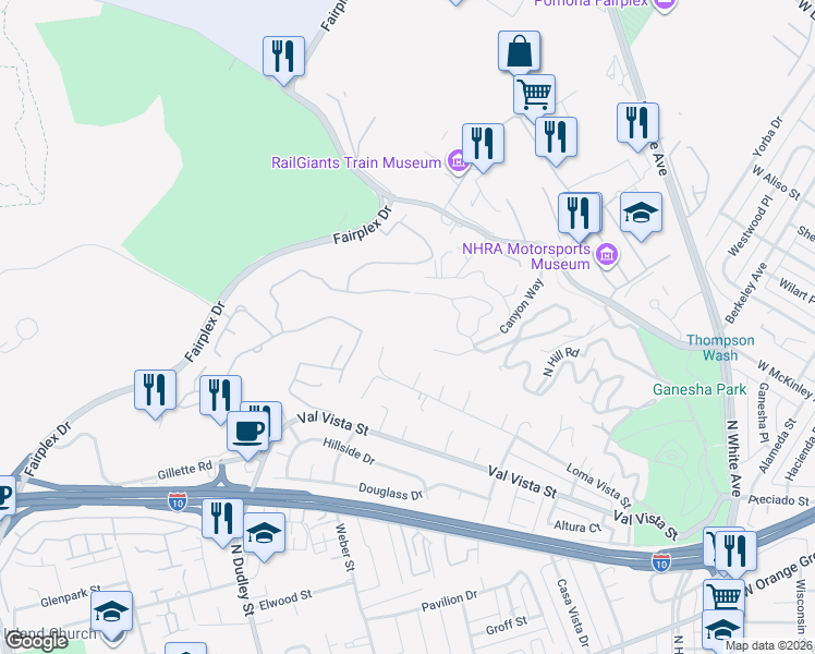 map of restaurants, bars, coffee shops, grocery stores, and more near 1295 Loma Vista Street in Pomona