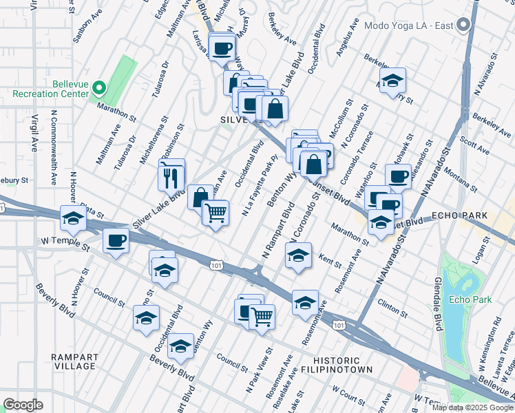 map of restaurants, bars, coffee shops, grocery stores, and more near 720 North La Fayette Park Place in Los Angeles