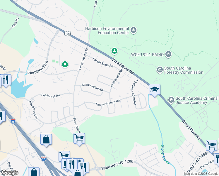 map of restaurants, bars, coffee shops, grocery stores, and more near 101 Chinquapin Circle in Columbia