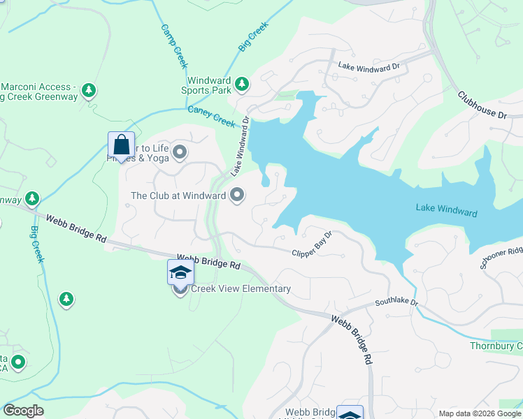 map of restaurants, bars, coffee shops, grocery stores, and more near 1595 Spinnaker Drive in Alpharetta