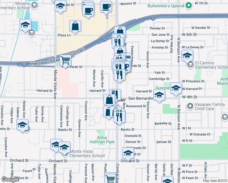 map of restaurants, bars, coffee shops, grocery stores, and more near 9670 Central Avenue in Montclair