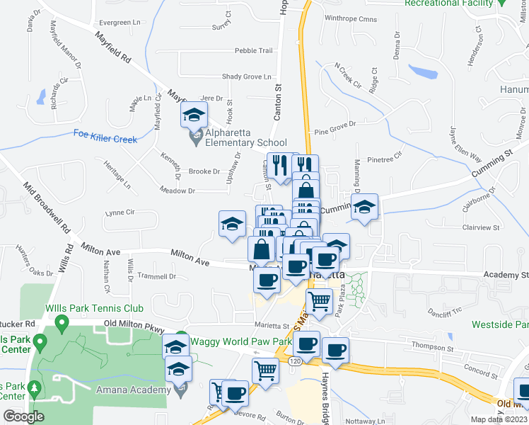 map of restaurants, bars, coffee shops, grocery stores, and more near 440 Rose Garden Lane in Alpharetta