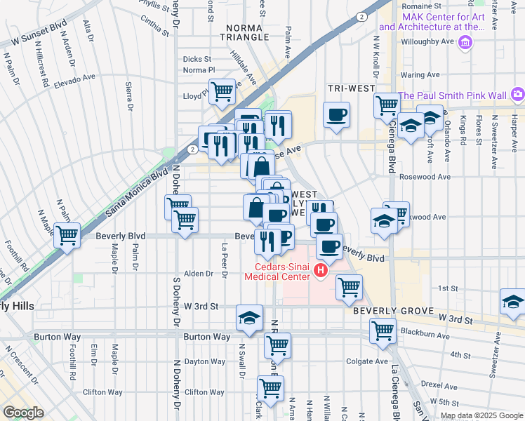 map of restaurants, bars, coffee shops, grocery stores, and more near 8808 Ashcroft Avenue in West Hollywood