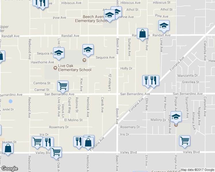 map of restaurants, bars, coffee shops, grocery stores, and more near 9660 Larkspur Drive in Fontana