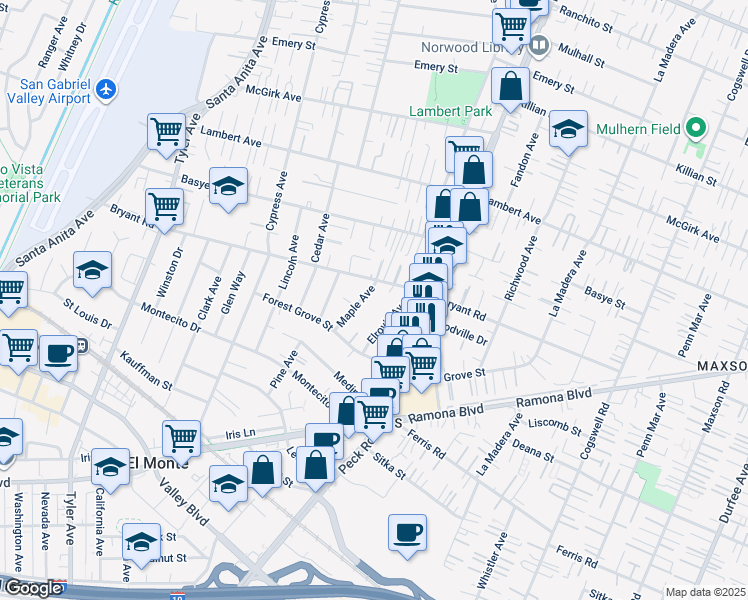 map of restaurants, bars, coffee shops, grocery stores, and more near 4018 Maple Ave in El Monte
