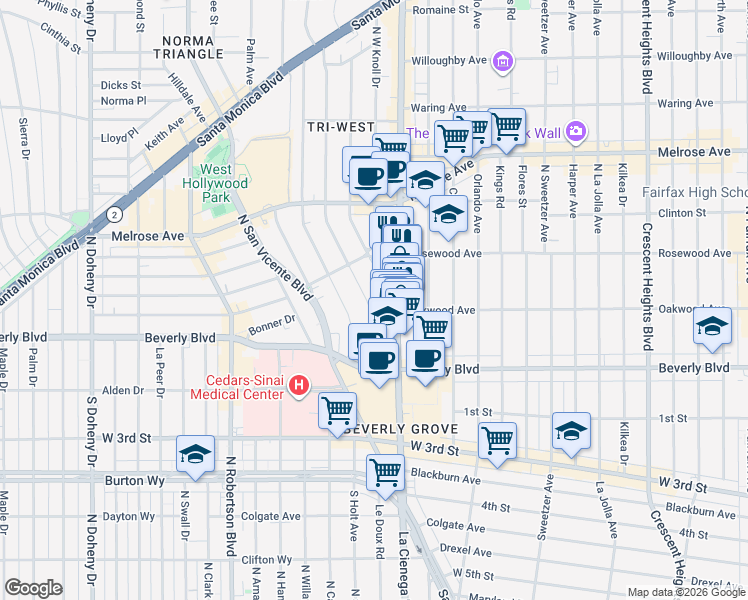 map of restaurants, bars, coffee shops, grocery stores, and more near 366 Westbourne Drive in West Hollywood