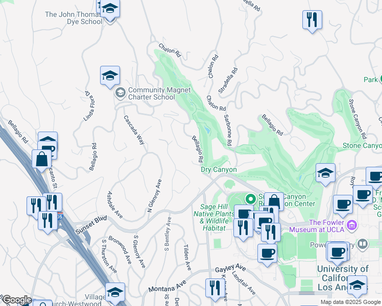 map of restaurants, bars, coffee shops, grocery stores, and more near 605 Funchal Road in Los Angeles