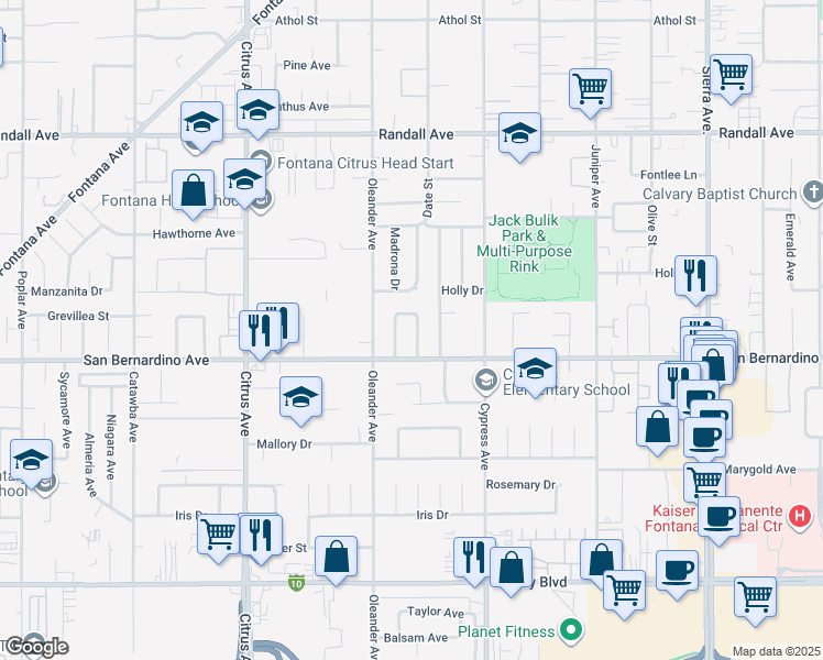 map of restaurants, bars, coffee shops, grocery stores, and more near 9652 Date Street in Fontana