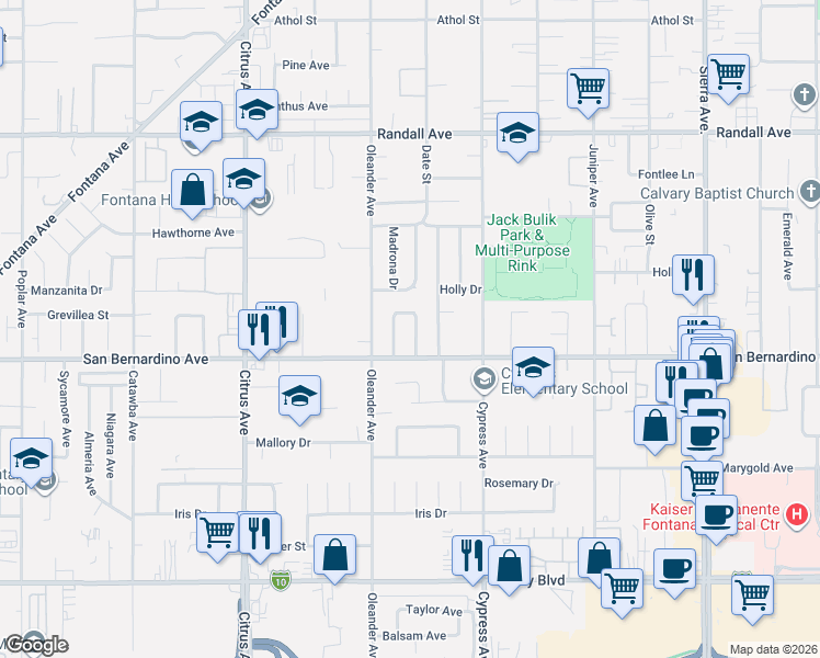 map of restaurants, bars, coffee shops, grocery stores, and more near 9651 Date Street in Fontana