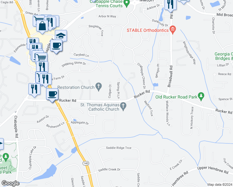 map of restaurants, bars, coffee shops, grocery stores, and more near 12170 Spring Place Lane in Alpharetta