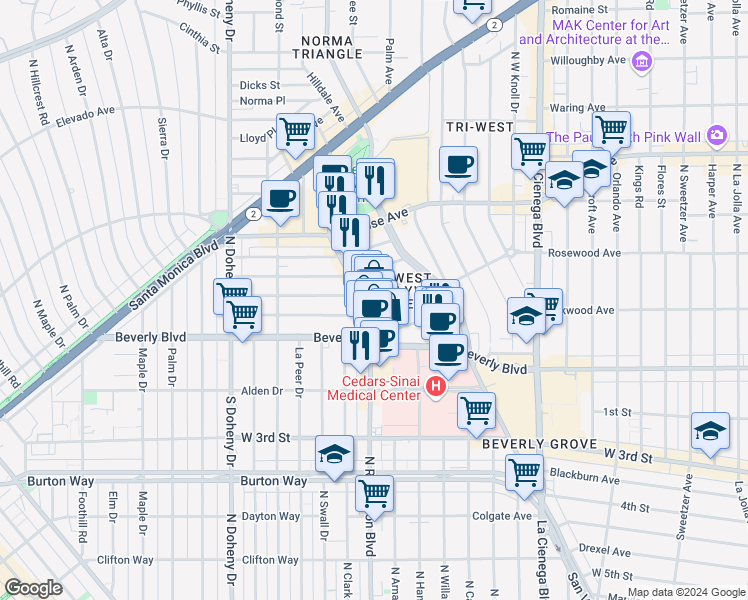 map of restaurants, bars, coffee shops, grocery stores, and more near 8756 Ashcroft Avenue in West Hollywood