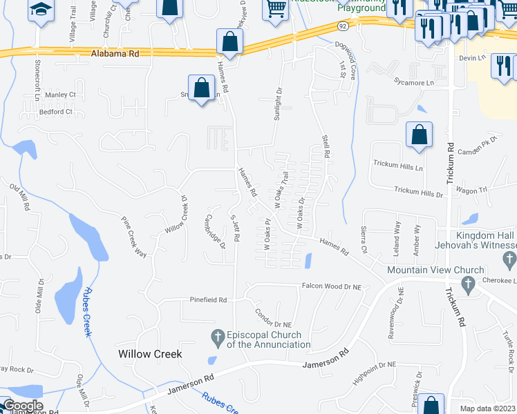 map of restaurants, bars, coffee shops, grocery stores, and more near 109 West Oaks Court in Woodstock