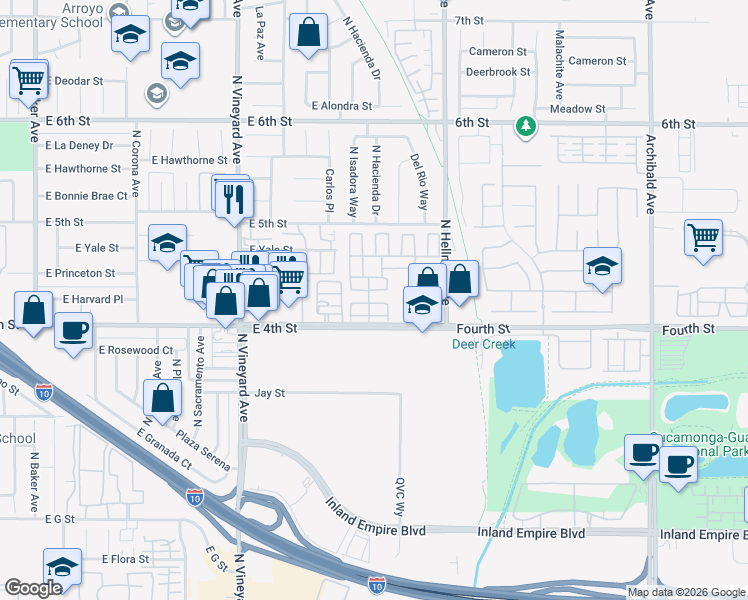 map of restaurants, bars, coffee shops, grocery stores, and more near 2139 East 4th Street in Ontario