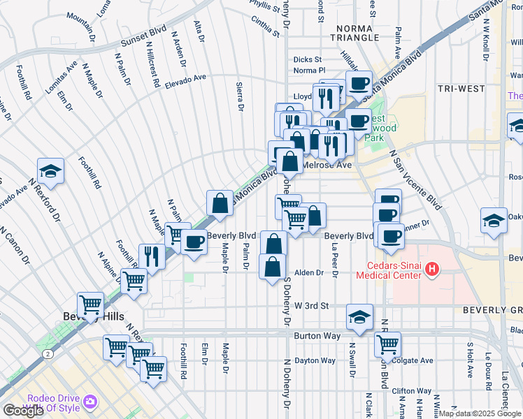 map of restaurants, bars, coffee shops, grocery stores, and more near 450 North Palm Drive in Beverly Hills
