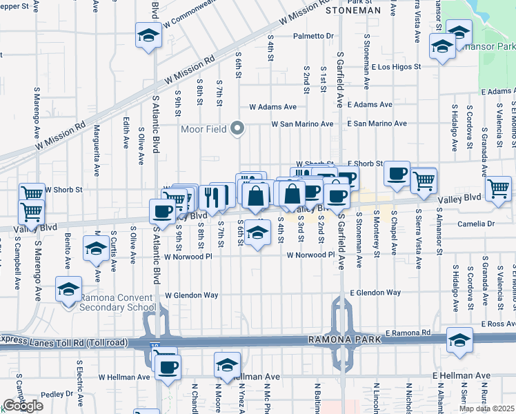 map of restaurants, bars, coffee shops, grocery stores, and more near 501 West Valley Boulevard in Alhambra