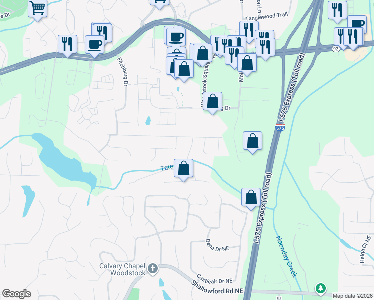 map of restaurants, bars, coffee shops, grocery stores, and more near 1808 Yorkshire Drive in Woodstock