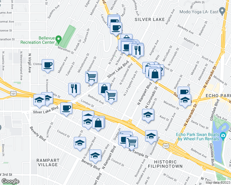 map of restaurants, bars, coffee shops, grocery stores, and more near 659 North Occidental Boulevard in Los Angeles