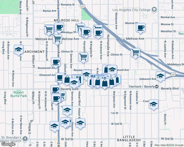 map of restaurants, bars, coffee shops, grocery stores, and more near 428 North Kingsley Drive in Los Angeles