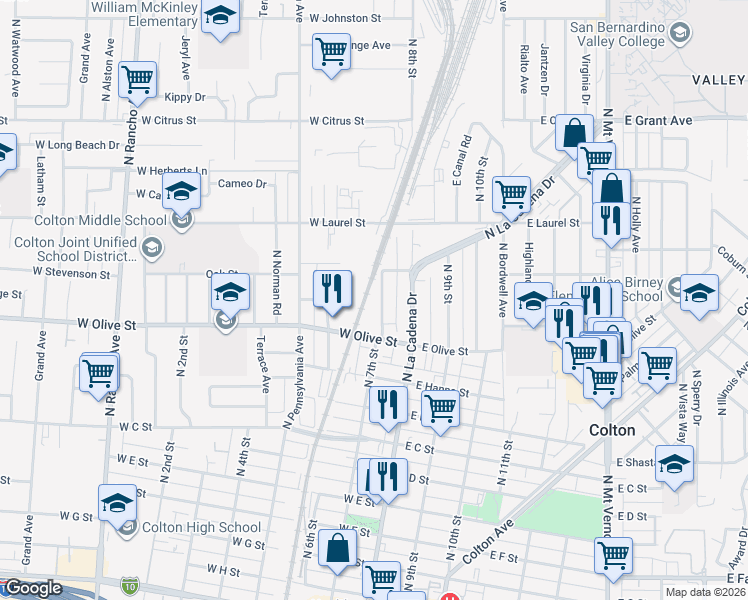 map of restaurants, bars, coffee shops, grocery stores, and more near 1157 North 7th Street in Colton