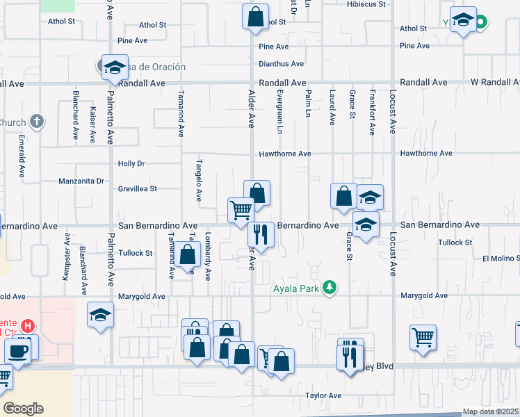 map of restaurants, bars, coffee shops, grocery stores, and more near 9652 Alder Avenue in Fontana