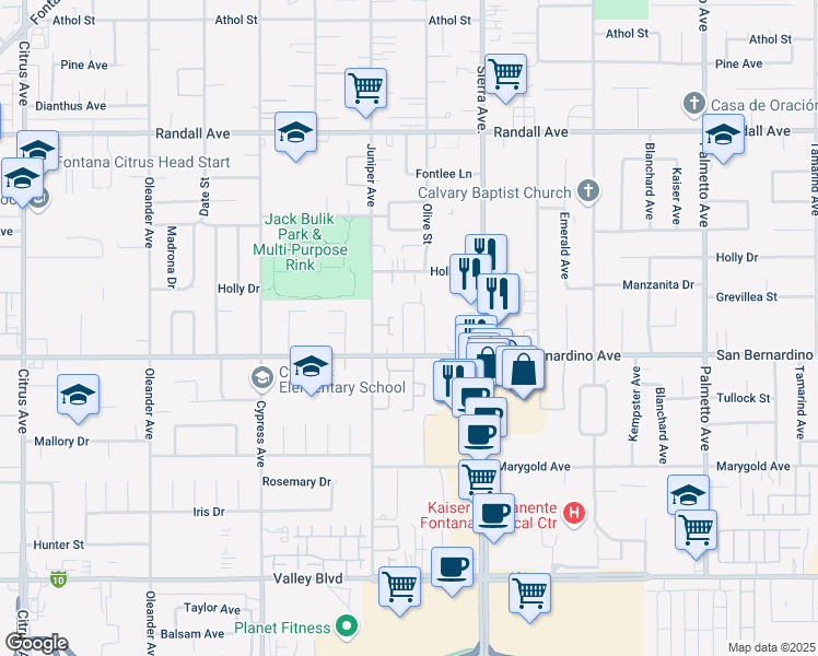 map of restaurants, bars, coffee shops, grocery stores, and more near Unnamed Road in Fontana