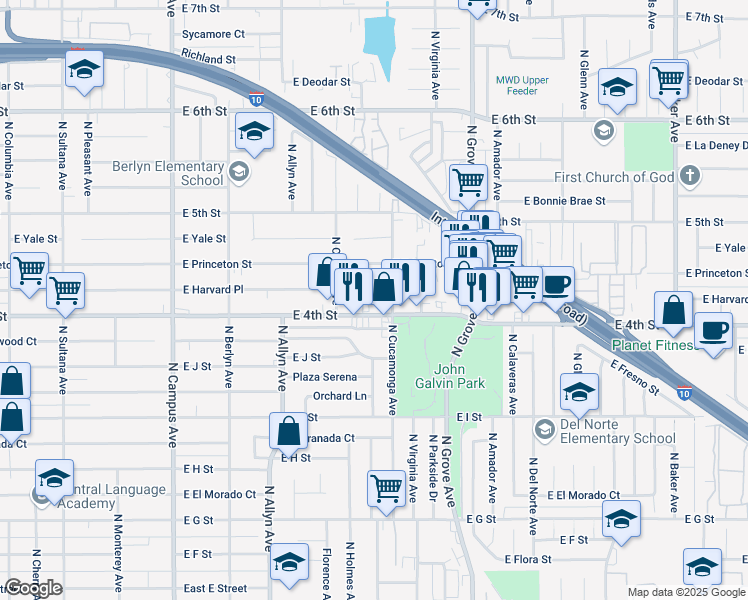 map of restaurants, bars, coffee shops, grocery stores, and more near 1033 East 4th Street in Ontario