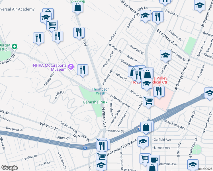 map of restaurants, bars, coffee shops, grocery stores, and more near 1660 Berkeley Avenue in Pomona