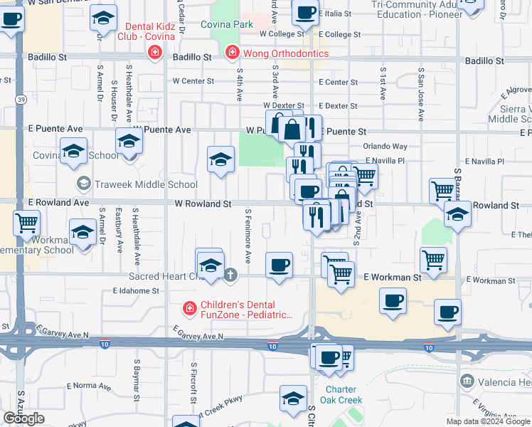 map of restaurants, bars, coffee shops, grocery stores, and more near 611 South Edenfield Avenue in Covina