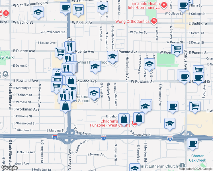map of restaurants, bars, coffee shops, grocery stores, and more near 620 Eastbury Avenue in Covina