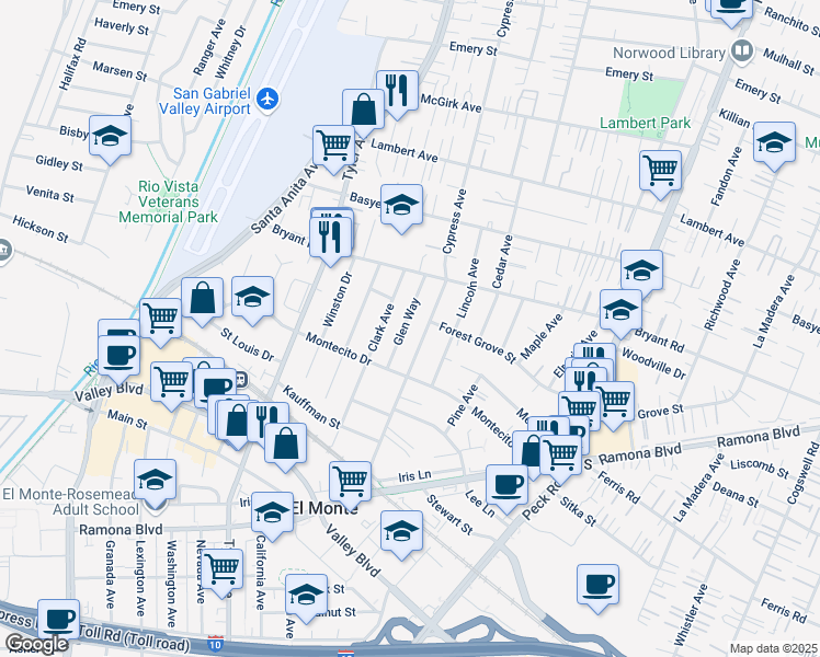map of restaurants, bars, coffee shops, grocery stores, and more near 3906 Glen Way in El Monte